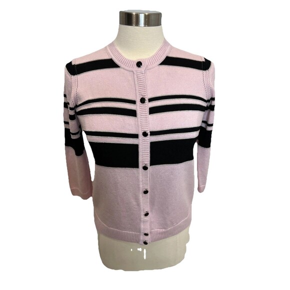 St. John Cardigan Pink Striped Knit Button Up Sz P Old Money Preppy Tiny Flaw XS - Picture 1 of 12